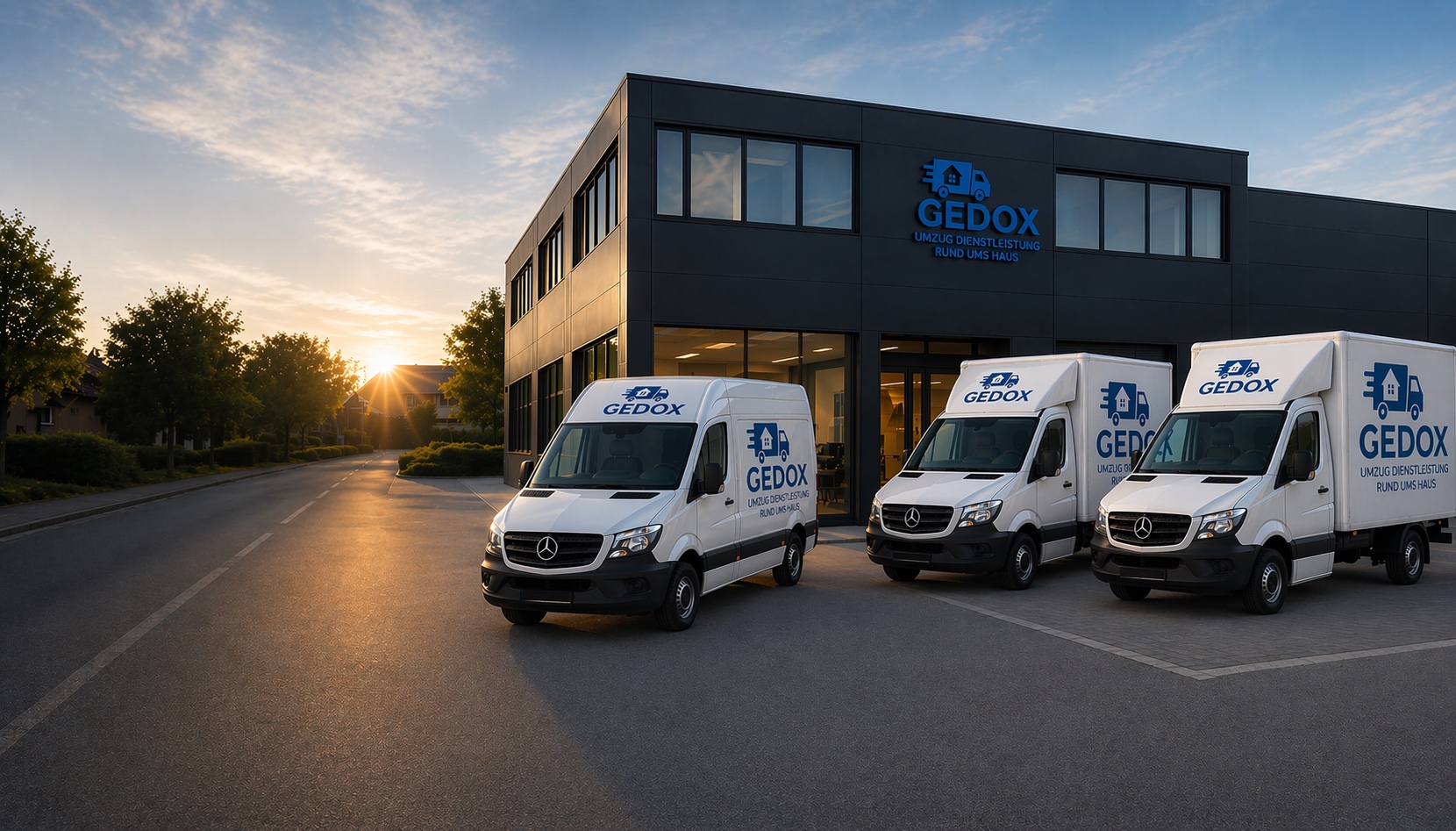 GEDOX-Fuhrpark vor dem Firmensitz – drei Transporter mit GEDOX-Logo im Morgenlicht