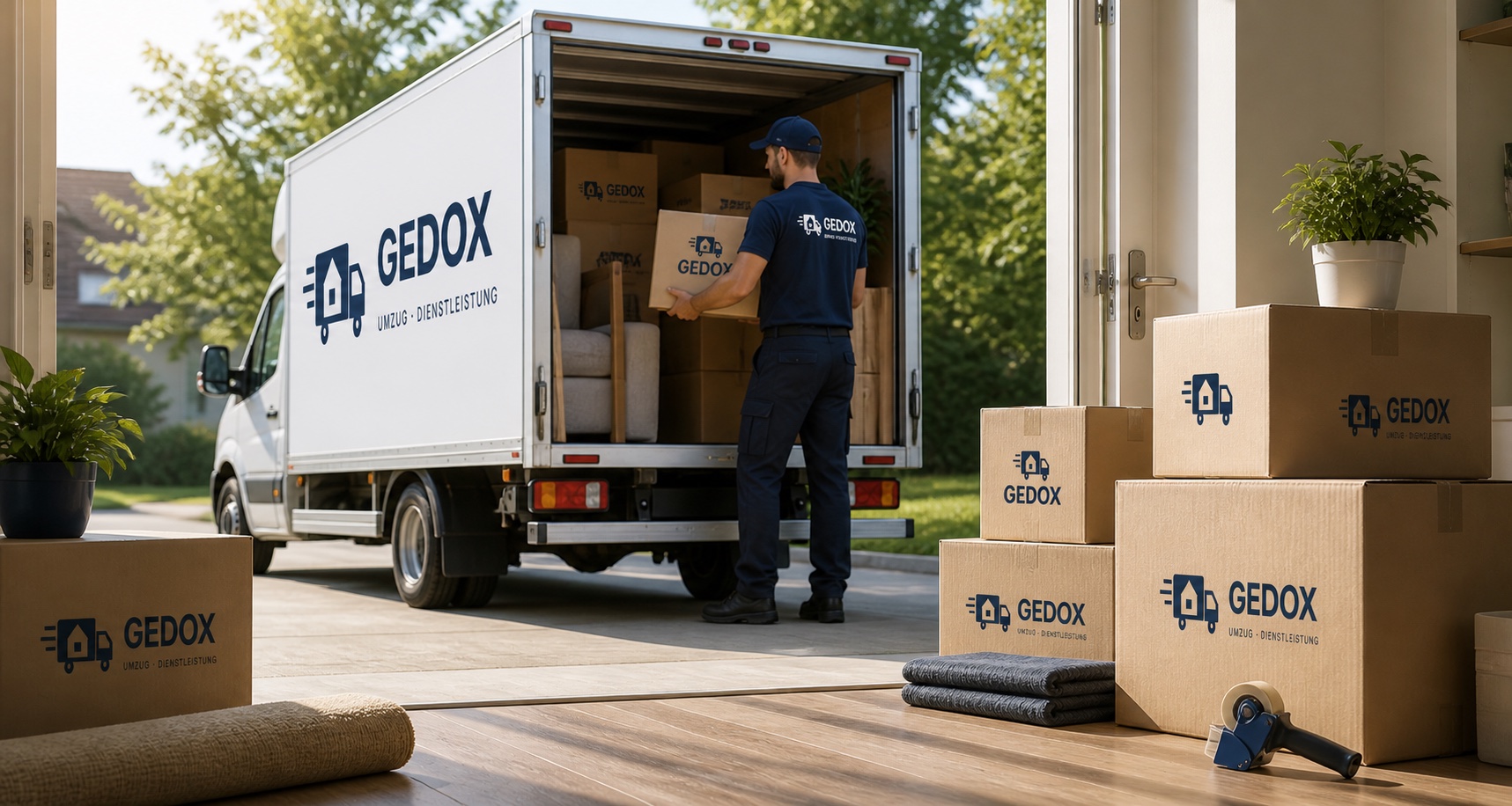 GEDOX-Mitarbeiter belädt einen Transporter mit Umzugskartons vor einer Hauseinfahrt