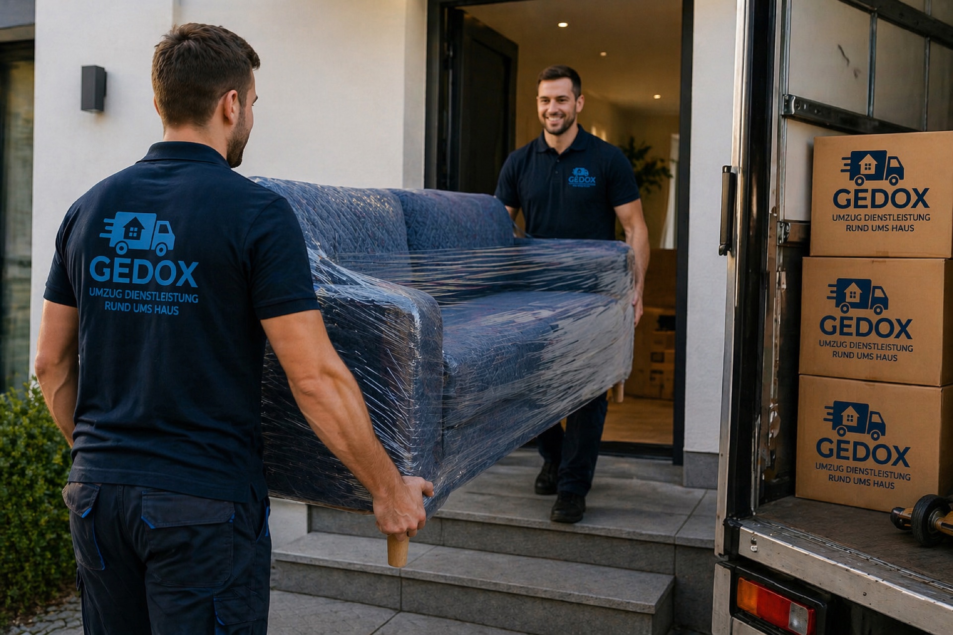 GEDOX-Team belädt einen Transporter mit Umzugskartons und Möbeln